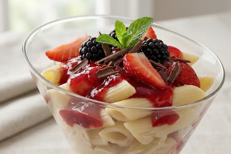 Penne ao Creme de Mascarpone com Calda de Frutas Vermelhas: A Sobremesa Italiana que Ninguém Espera 2 Taça de sobremesa com penne doce ao creme de mascarpone, coberta com calda de frutas vermelhas, morangos frescos, amoras e raspas de chocolate.