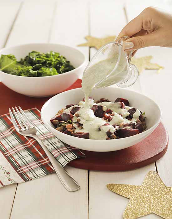 Lentilhas cozidas com beterraba assada e Creme de Gorgonzola Tirolez Receitas para a Ceia de Ano Novo