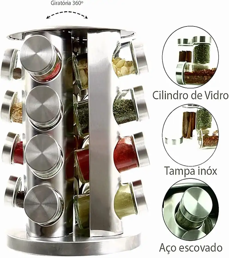 Porta Tempero Condimento Inox Vidro Giratório Cozinha 16 Pts 3 Porta Tempero Condimento Inox Vidro
